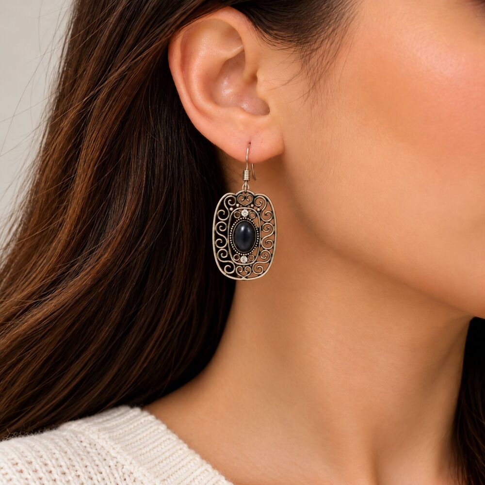 Silver Tone Black Cabochon Filigree Dangle Earrings Boho Victorian Style 2"